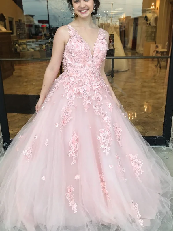 Beautiful Prom Dresses Straps V-neck A-line Pink Long Lace Prom Dress JKL960