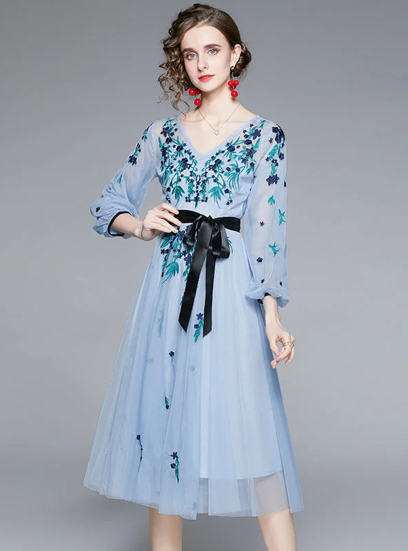 Blue Gauze Embroidered Tulle Dress