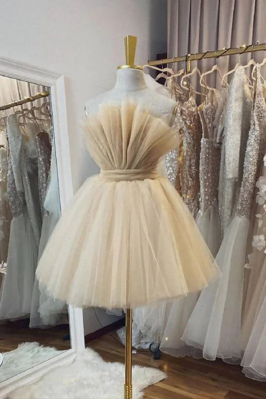 Champagne Tulle Short Homecoming Dress With Bow Back