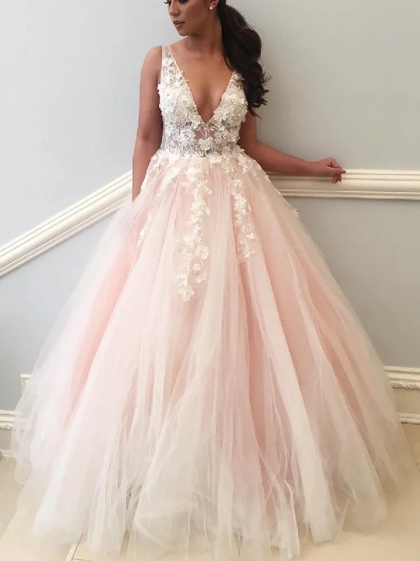 Charming Prom Dresses A-line Straps V-neck Lace Blush Pink Long Prom Dress JKL1138