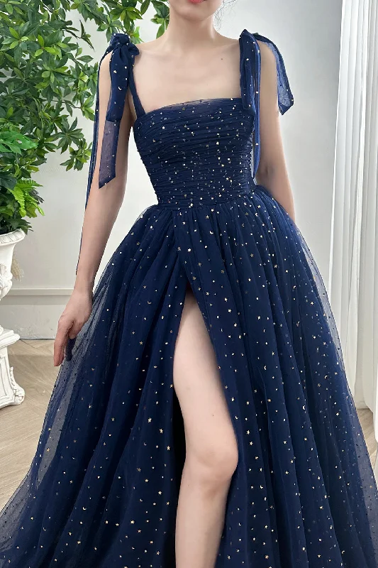 Corset Star Tulle Tie Straps Long Dress with side slit