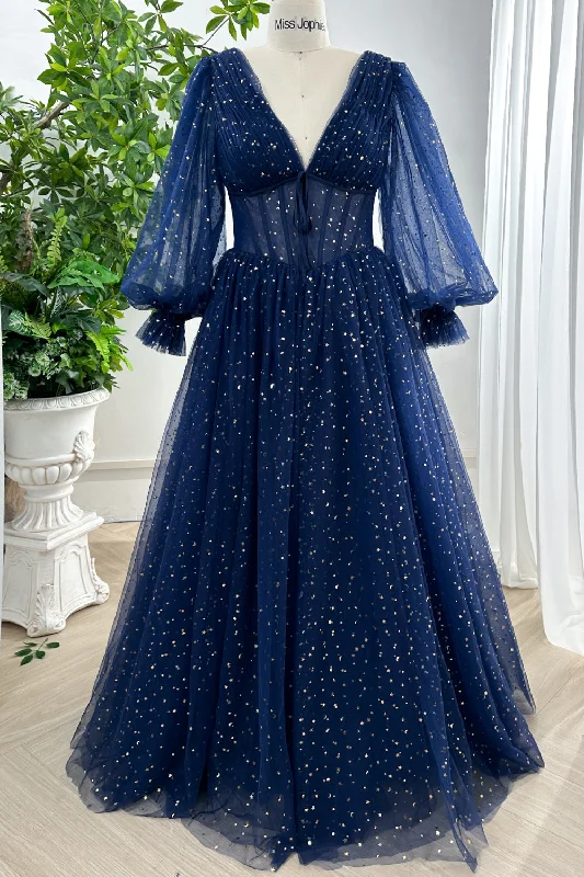 Corset V Neck Long Puffy Sleeves Star Tulle Navy Dress