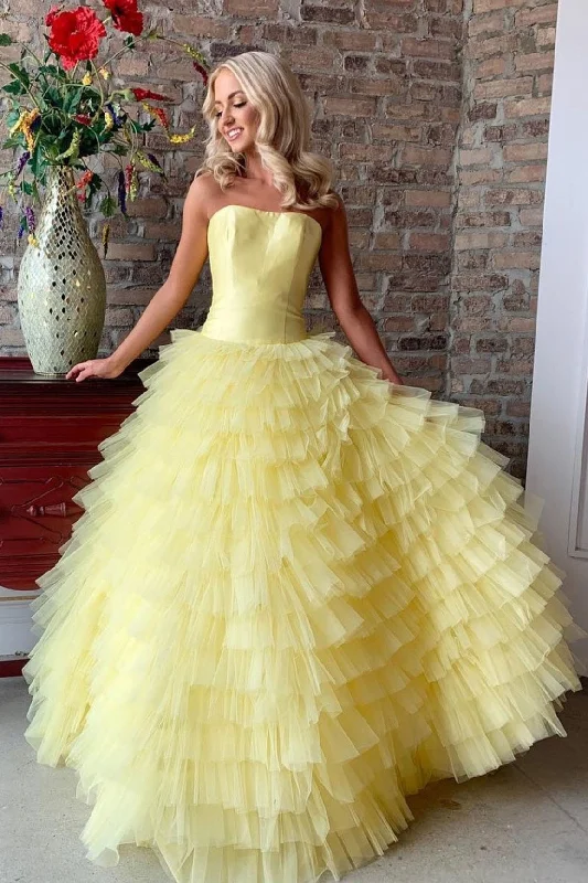 Cute Strapless Satin Tulle Long Floor Length Princess Prom Dresses Y0096