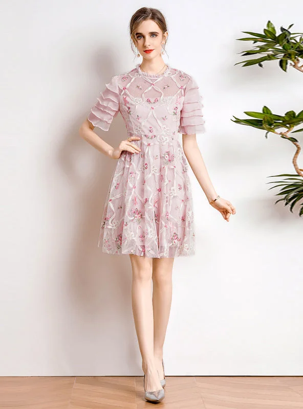 Embroidered Tulle Butterfly Sleeve Flounce Dress