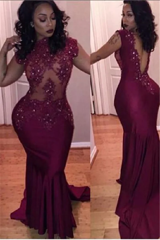 Gorgeous Cap Sleeve Burgundy Prom Party GownsMermaid With Lace Appliques