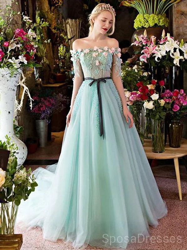 Green Off Shoulder Lace Beaded Evening Prom Dresses, Cheap Custom Sweet 16 Dresses, 18484