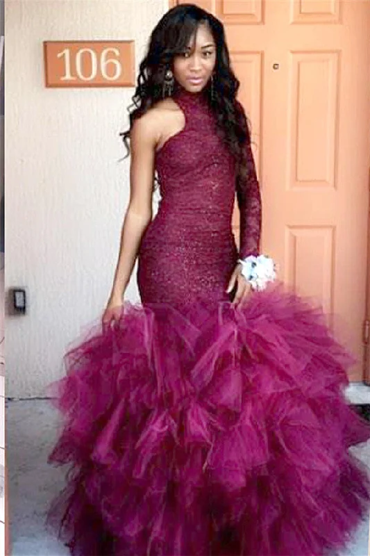 High-Neck One-Sleeve Sheath Lace Puffy Tulle Specail Latest Prom Party Gowns