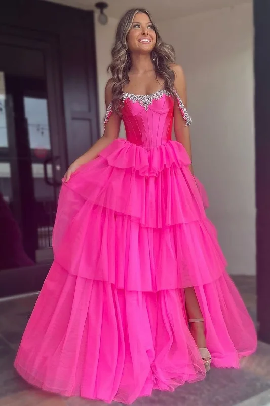 Hot Pink A-Line Off The Shoulder Long Tulle Prom Dress with Slit and Beading