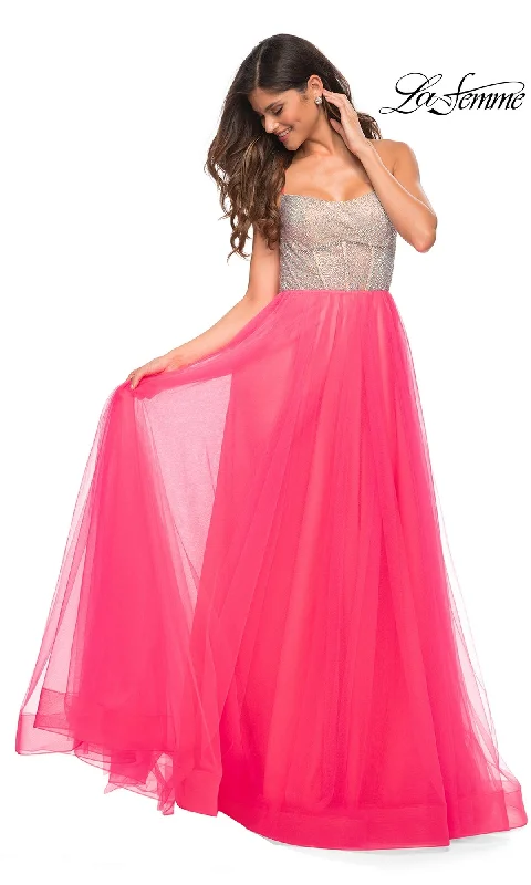 La Femme Neon Pink Long Tulle Prom Dress