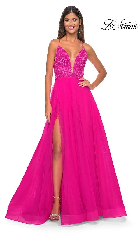 La Femme Deep V-Neck Long Tulle Prom Gown 32059