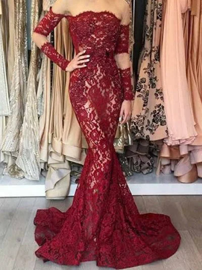 Long Sleeve Mermaid Prom Dresses Lace Chic Short Train Burgundy Prom Dress JKL1094