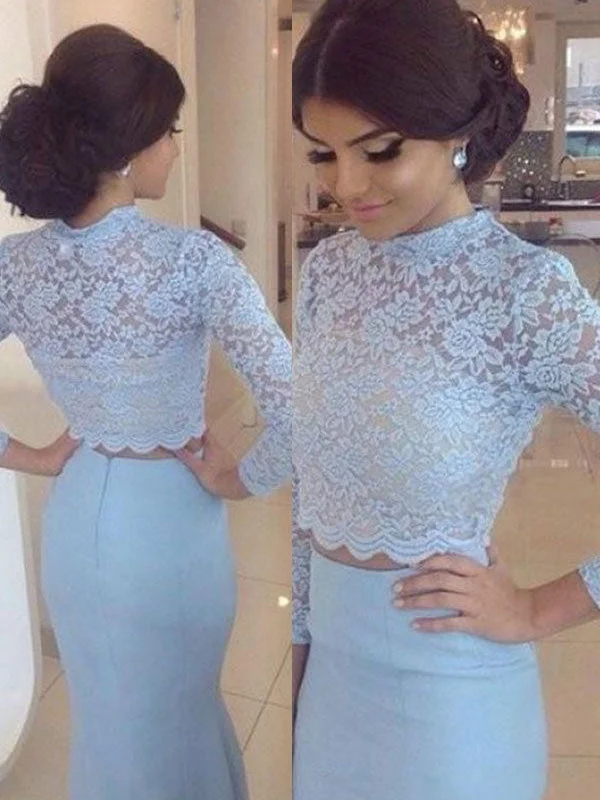 Long Sleeve Two Piece Prom Dresses Mermaid Prom Dress Lace Evening Dress JKL1072