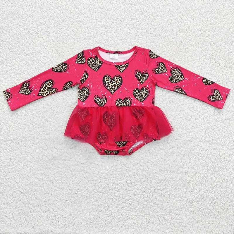 LR0253 Baby Kids Newborn Leopard Heart Valentine's Tulle Romper