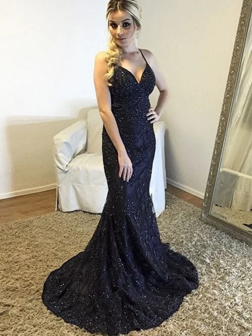 Mermaid Prom Dresses Halter Lace Dark Navy Long Sexy Prom Dress JKL1004