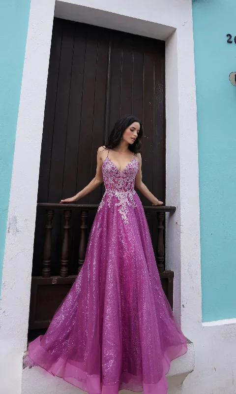 Glitter-Tulle Long Magenta Prom Dress C1407