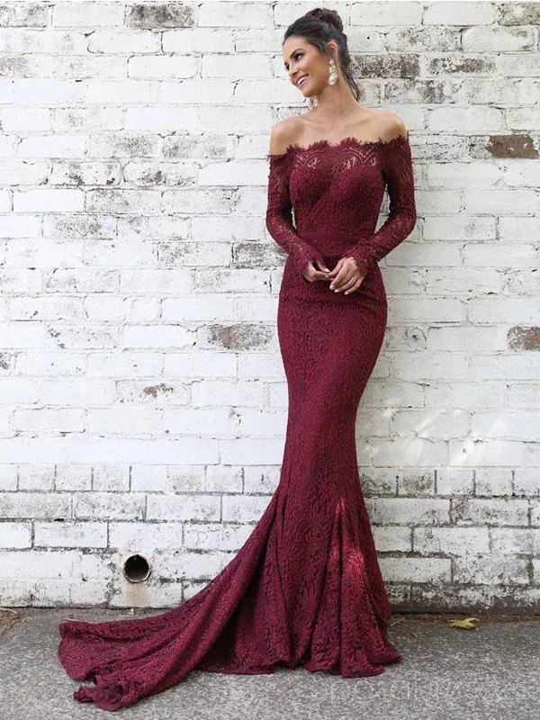 Off Shoulder Long Sleeves Lace Mermaid Long Evening Prom Dresses, Cheap Sweet 16 Dresses, 18386