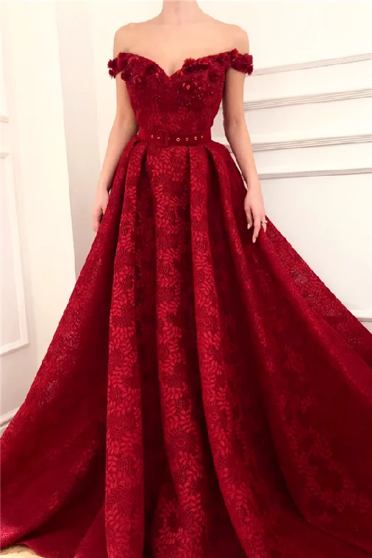 Off-the-Shoulder Ruby Lace Evening Dresses Chic Beading Appliques Flowers Prom Dresses