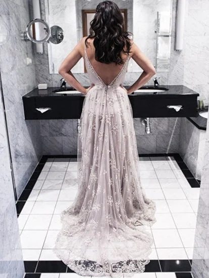 Open Back Prom Dresses A line Long Lace Prom Dress Sexy Evening Dress JKL1028