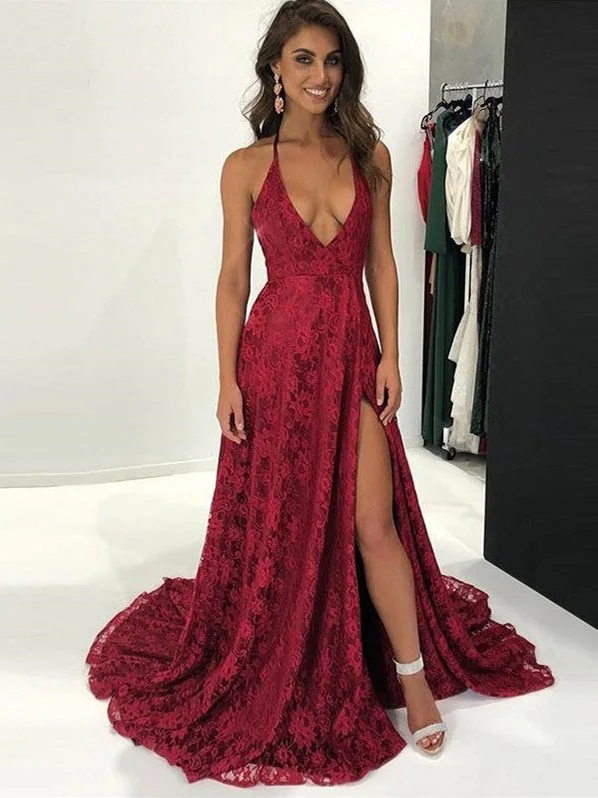 Open Back Prom Dresses Halter V-neck A Line Lace Burgundy Slit Sexy Prom Dress JKL1095