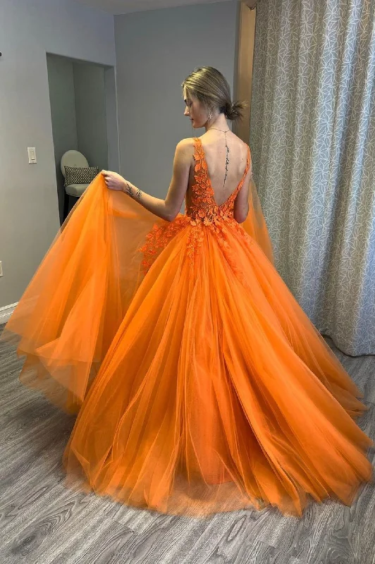 Orange V-Neck Tulle Lace Long Prom Dress, A-Line Backless Evening Dress