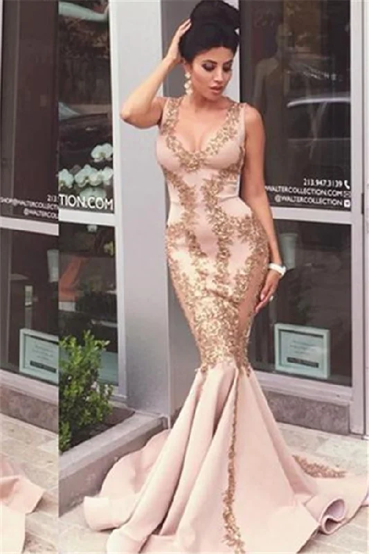 Pink Lace-Appliques Mermaid Sleeveless Prom Dresses