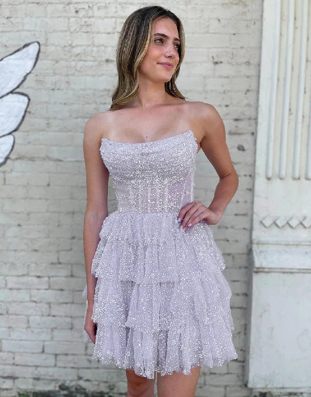 Pretty A-Line Strapless Short Tulle Tiered Homecoming Dress