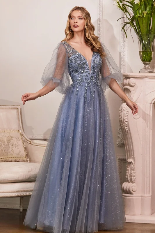 Puff Sleeve Glitter Tulle Gown By Cinderella Divine -CD0182