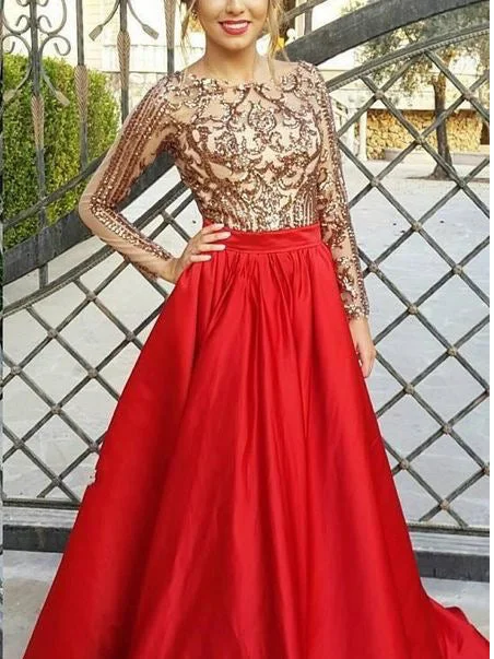 Red Prom Dresses Bateau A-line Long Sleeve Open Back Gold Lace Prom Dress JKL959