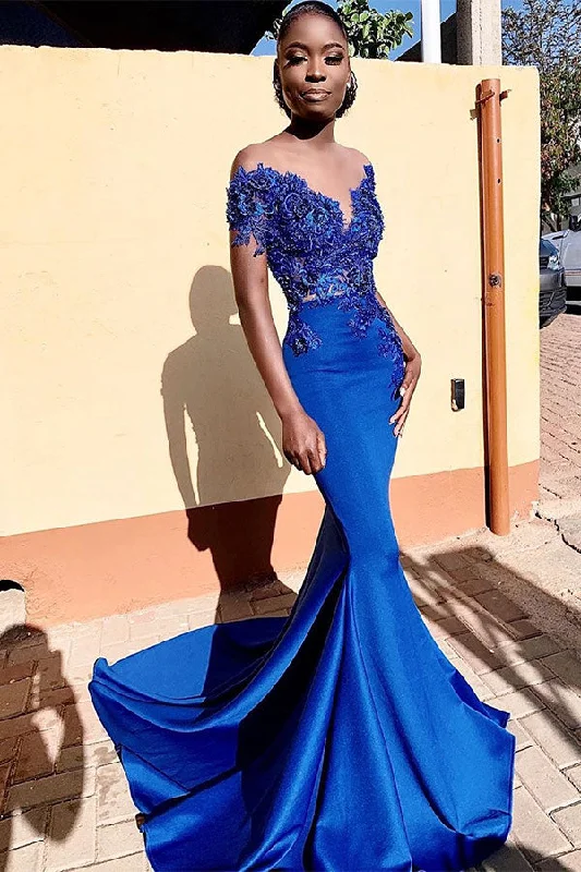 Royal Blue Off-the-shoulder Mermaid Prom Dresses with Lace Appliques and Chapel Train