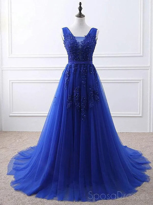 Royal Blue V Neck Lace Beaded Applique Long Evening Prom Dresses, Cheap Sweet 16 Dresses, 18426