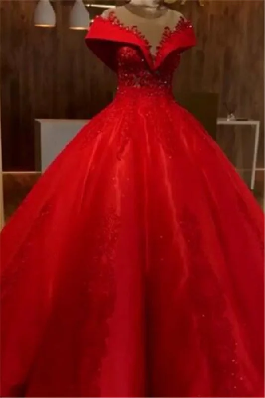 Scarlet Off-the-Shoulder Quinceanera Dresses Lace Crystal Puffy Ball Gown Evening Dress