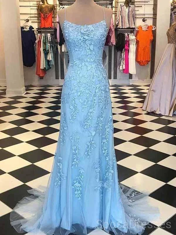 Spaghetti Straps Blue Lace Mermaid Long Evening Prom Dresses, Cheap Custom Sweet 16 Dresses, 18460