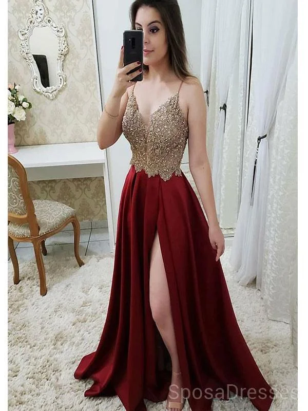 Spaghetti Straps Side Slit Gold Lace Beaded Evening Prom Dresses, Cheap Custom Sweet 16 Dresses, 18481