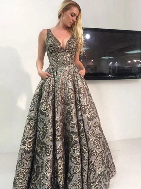 Sparkly Prom Dresses Floor-length V-neck Luxury Lace Prom Dress JKL1042