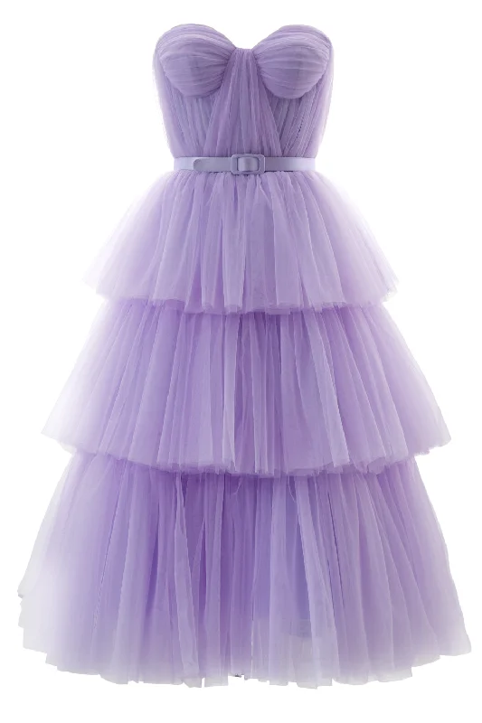 Strapless Tiered Tulle Prom Dress with Belt