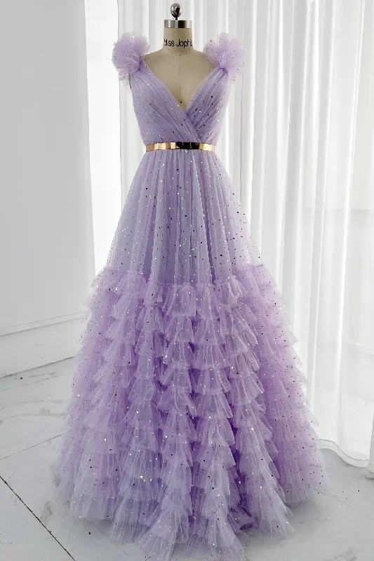 Straps V Neck Tiered Star Tulle Evening Dress