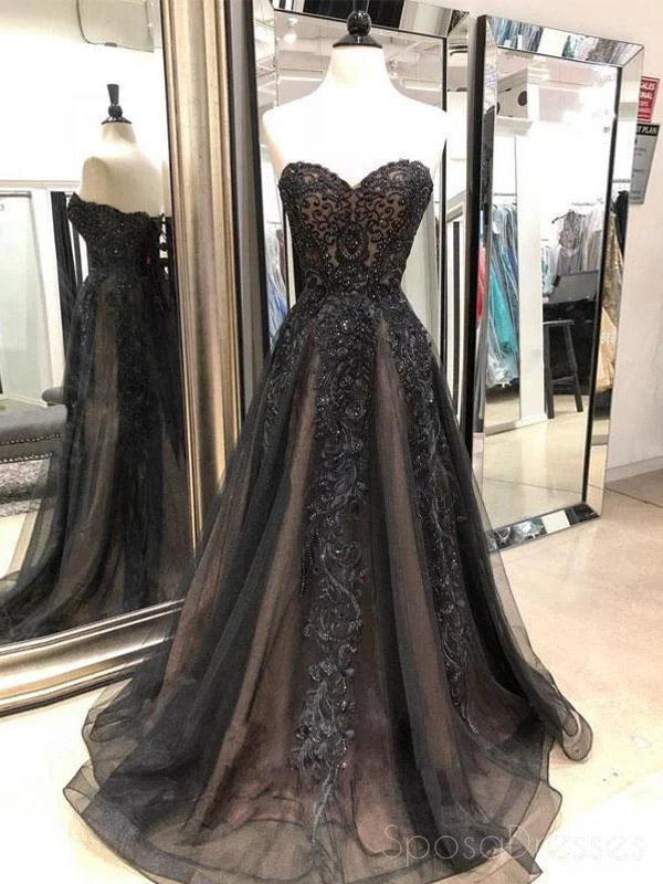 Sweetheart Black Lace Beaded A-line Long Evening Prom Dresses, Cheap Sweet 16 Dresses, 18430