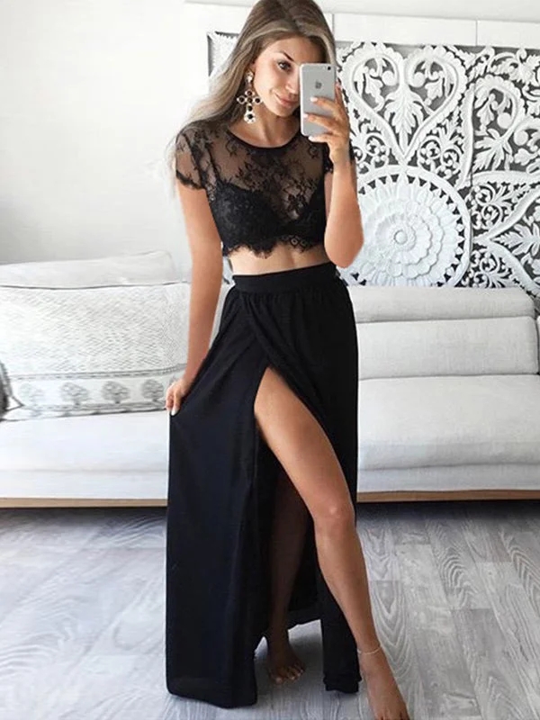 Two Piece Prom Dresses A-line Lace Prom Dress Black Evening Dress JKL1013