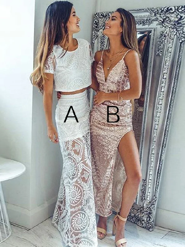 Two Piece Prom Dresses A-line Scoop Lace Long Chic Prom Dress JKL877