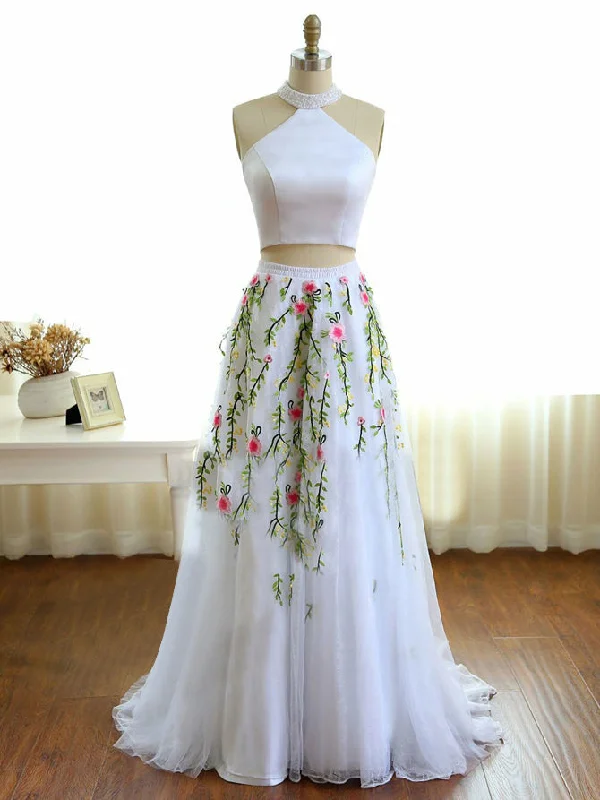 Two Piece Prom Dresses Aline High Neck Lace Embroidery White Long Prom Dress JKL872