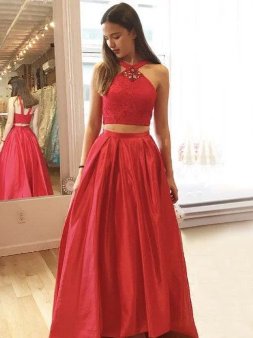 Two Piece Prom Dresses Halter Floor-length Aline Chic Lace Prom Dress JKL986