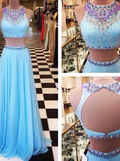 Two Piece Prom Dresses Lace Aline Long Sparkly Sexy Blue Chiffon Prom Dress JKL1089