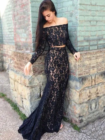 Two Piece Prom Dresses Long Sleeve Mermaid Black Lace Sexy Prom Dress JKL932