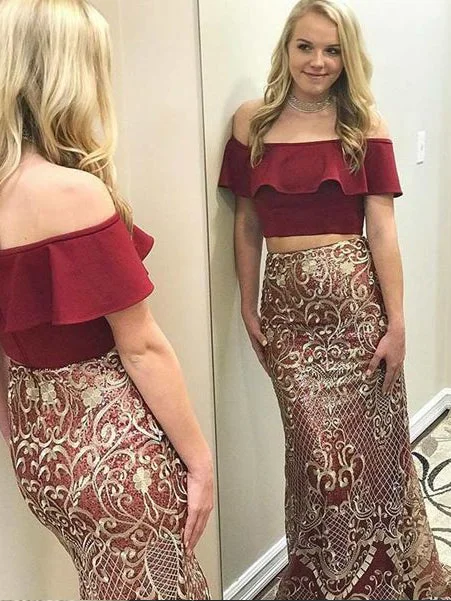 Two Piece Prom Dresses Off-the-shoulder A-line Long Lace Prom Dress JKL889