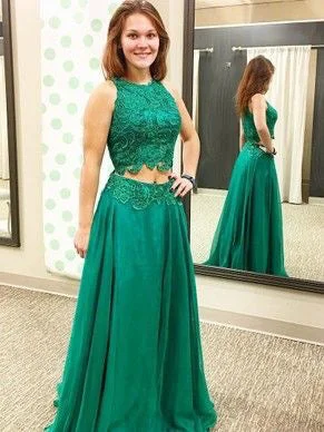 Two Piece Prom Dresses Scoop A-line Hunter Green Lace Prom Dress JKL1003