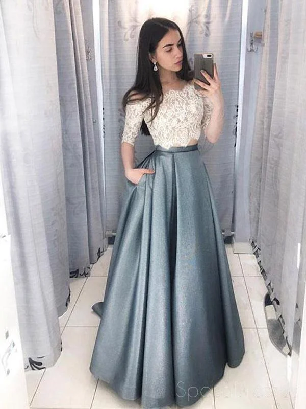 Two Pieces Half Sleeve Lace Grey Long Evening Prom Dresses, Cheap Sweet 16 Dresses, 18433