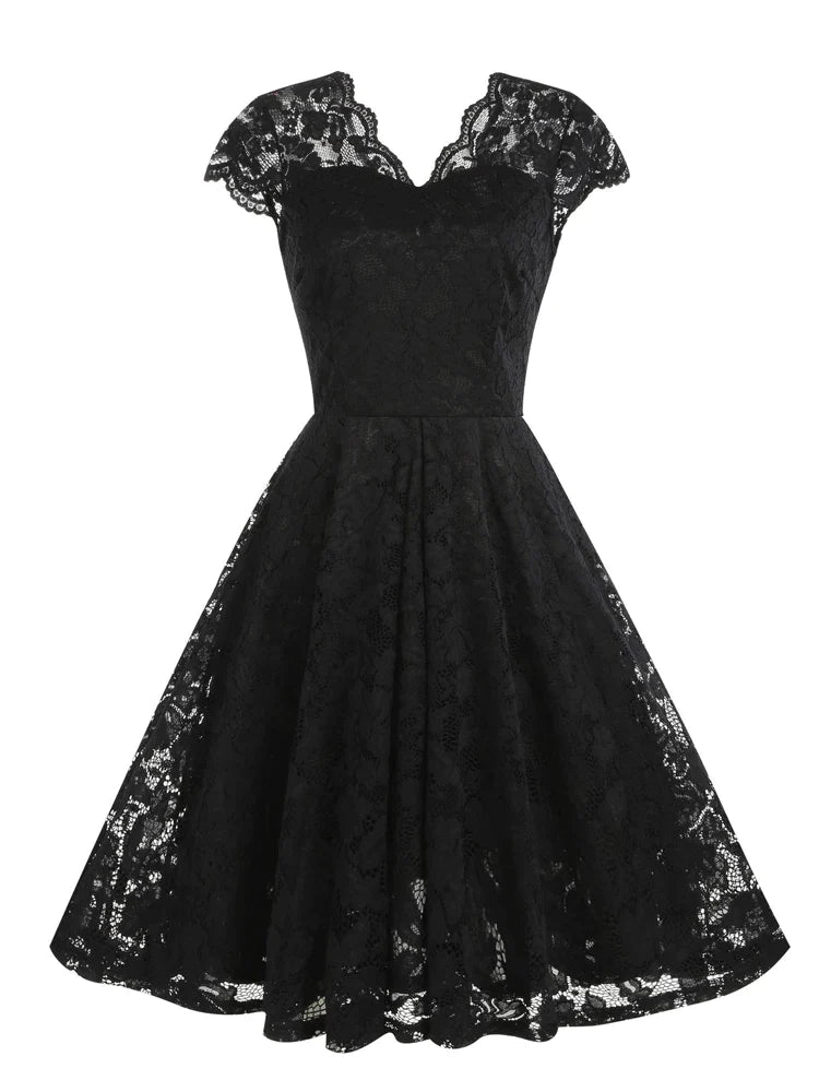 V-Neck Cap Sleeve Black Lace Elegant Dresses Women Vintage Style Clothes Formal Occasion Pleated Swing Dress