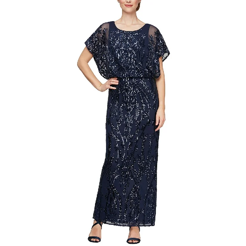 Alex Evenings Womens Sequined Flutter Sleeve Evening Dress