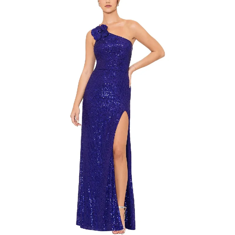 Blondie Nites Womens Juniors One Shoulder Sequined Evening Dress