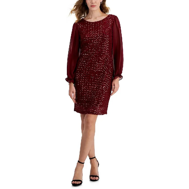 Connected Apparel Womens Petites Knee-Length Sequined Sheath Dress